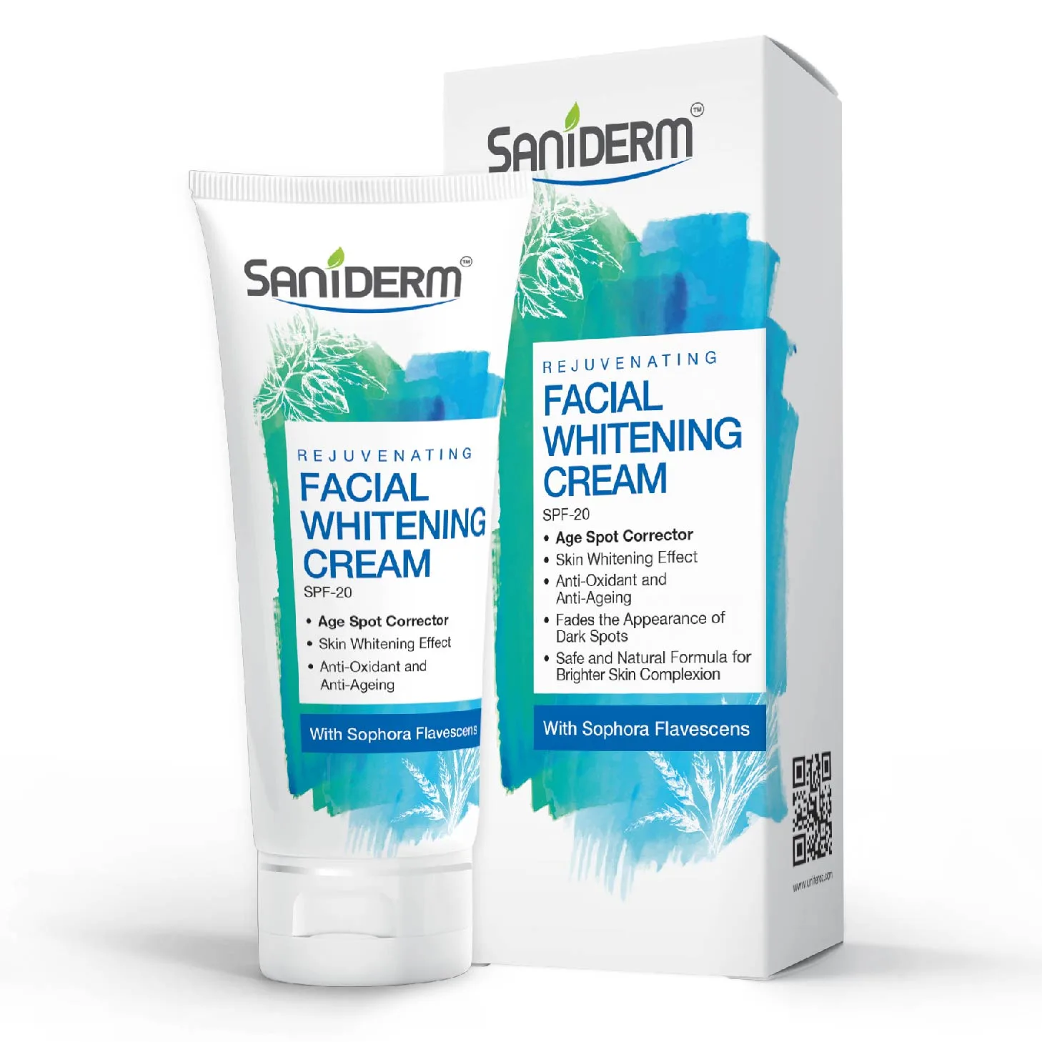 Close-up design of saniderm rejuvenating spf 20 facial whitening cream, with sophora flavescens, 50g