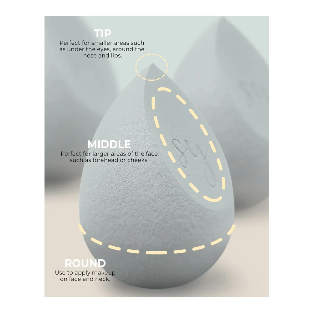 Side view of sanober yasir beauty blender, latex free, blend pro