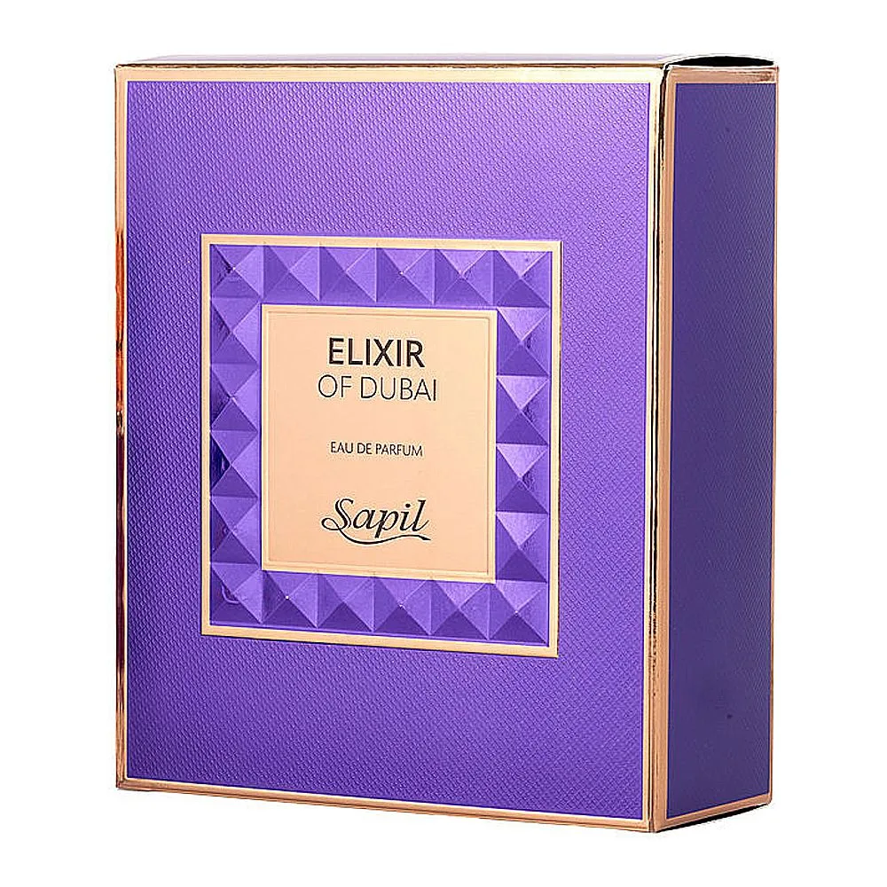 Side view of sapil elixir of dubai, eau de parfum, for men & women, 100ml