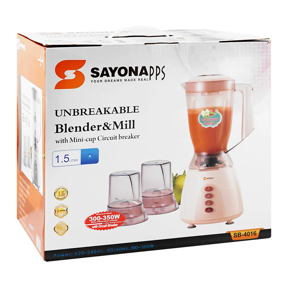 Side view of sayona blender & mill, 300-350w, 220-240v, 1.5 liter, sb-4016