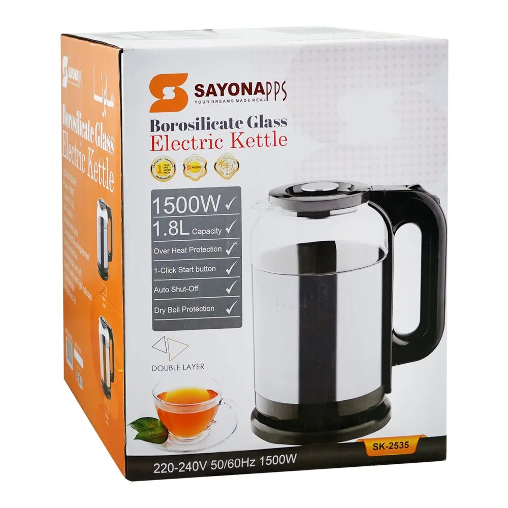 Sayona Borosilicate Glass Electric Kettle, 1.8 Liter, 1500W, SK-2535