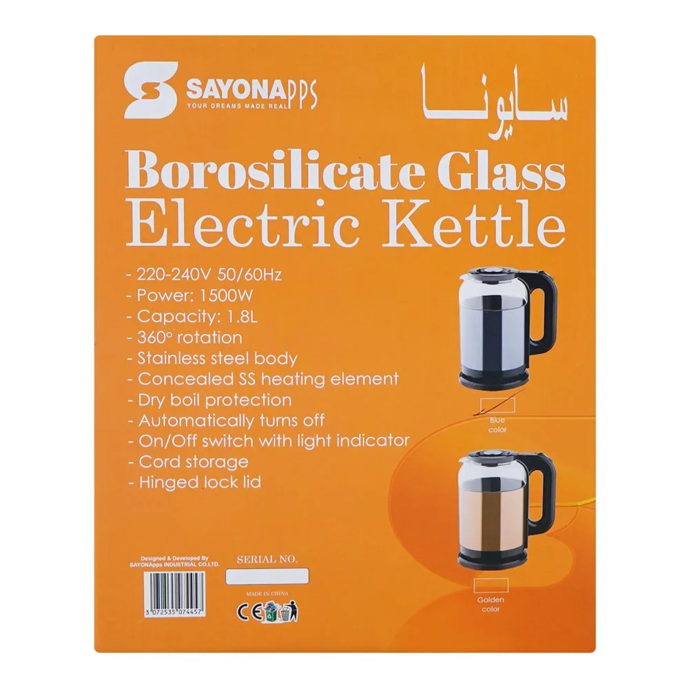 Side view of sayona borosilicate glass electric kettle, 1.8 liter, 1500w, sk-2535