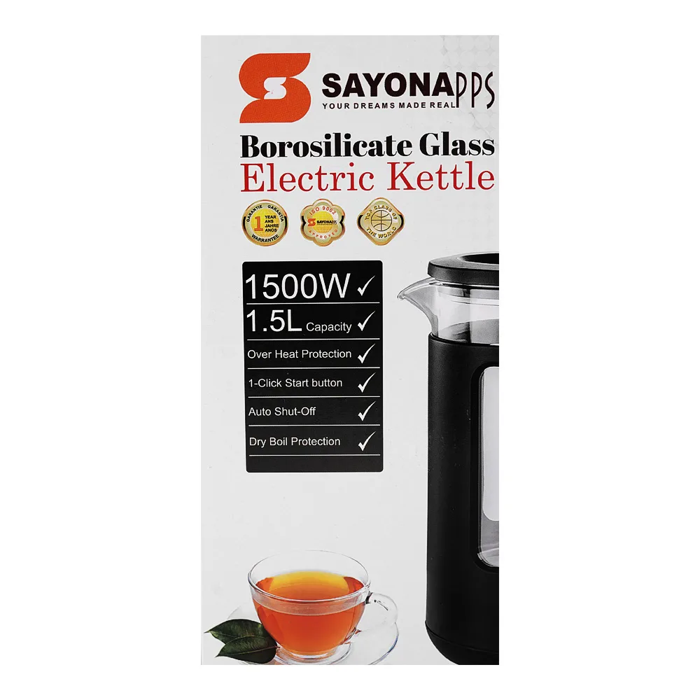 Comfortable casual sayona borosilicate glass electric kettle, 1500w, 1.5 liter, sk-2438