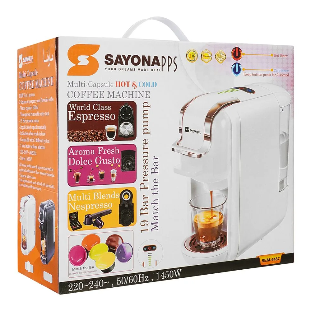 Side view of sayona multi capsule 19 bar pressure pump coffee machine, 1450w, sem-4487