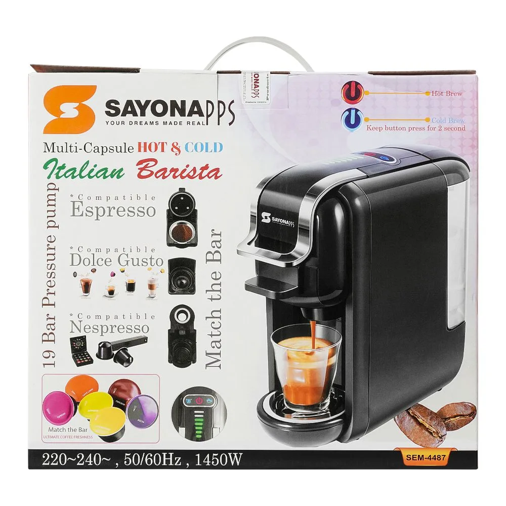Comfortable casual sayona multi capsule 19 bar pressure pump coffee machine, 1450w, sem-4487