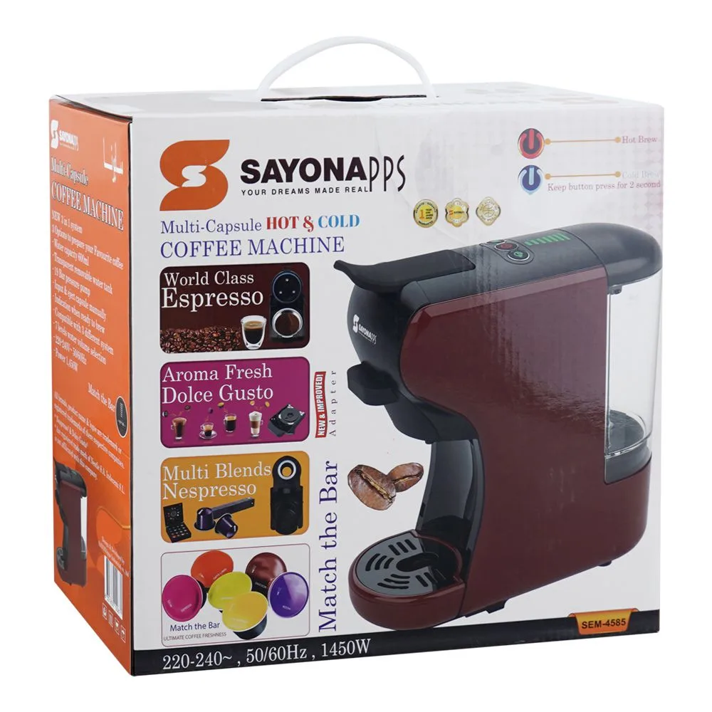Sayona Multi-Capsule Hot & Cold Coffee Machine, 1450W, 220-240V, 600ml Water Tank, SEM-4585