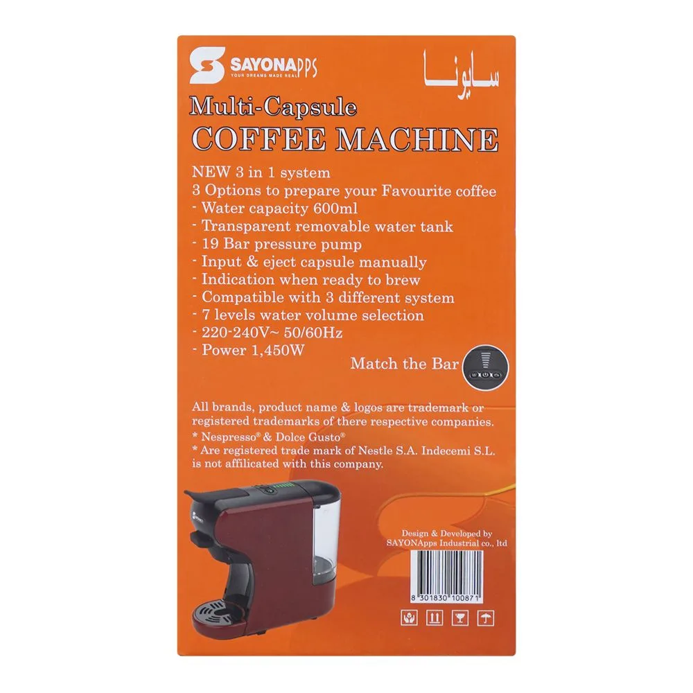 Comfortable casual sayona multi-capsule hot & cold coffee machine, 1450w, 220-240v, 600ml water tank, sem-4585