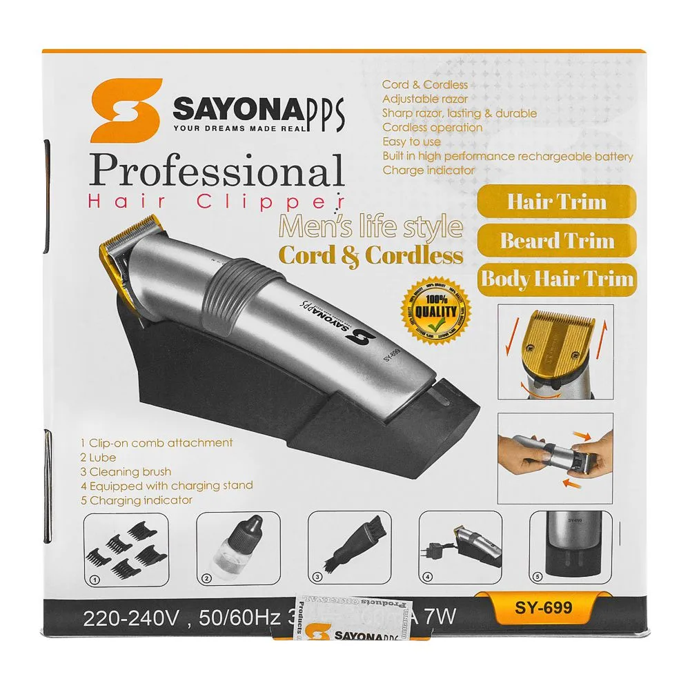Side view of sayona professional hair clipper, 800mah, sy-699
