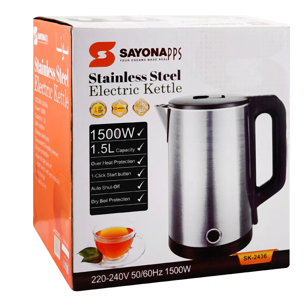 Sayona Stainless Steel Electric Kettle, 1500W, 1.5 Liter, SK-2436