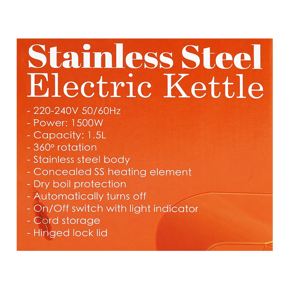 Close-up design of sayona stainless steel electric kettle, 1500w, 1.5 liter, sk-2436