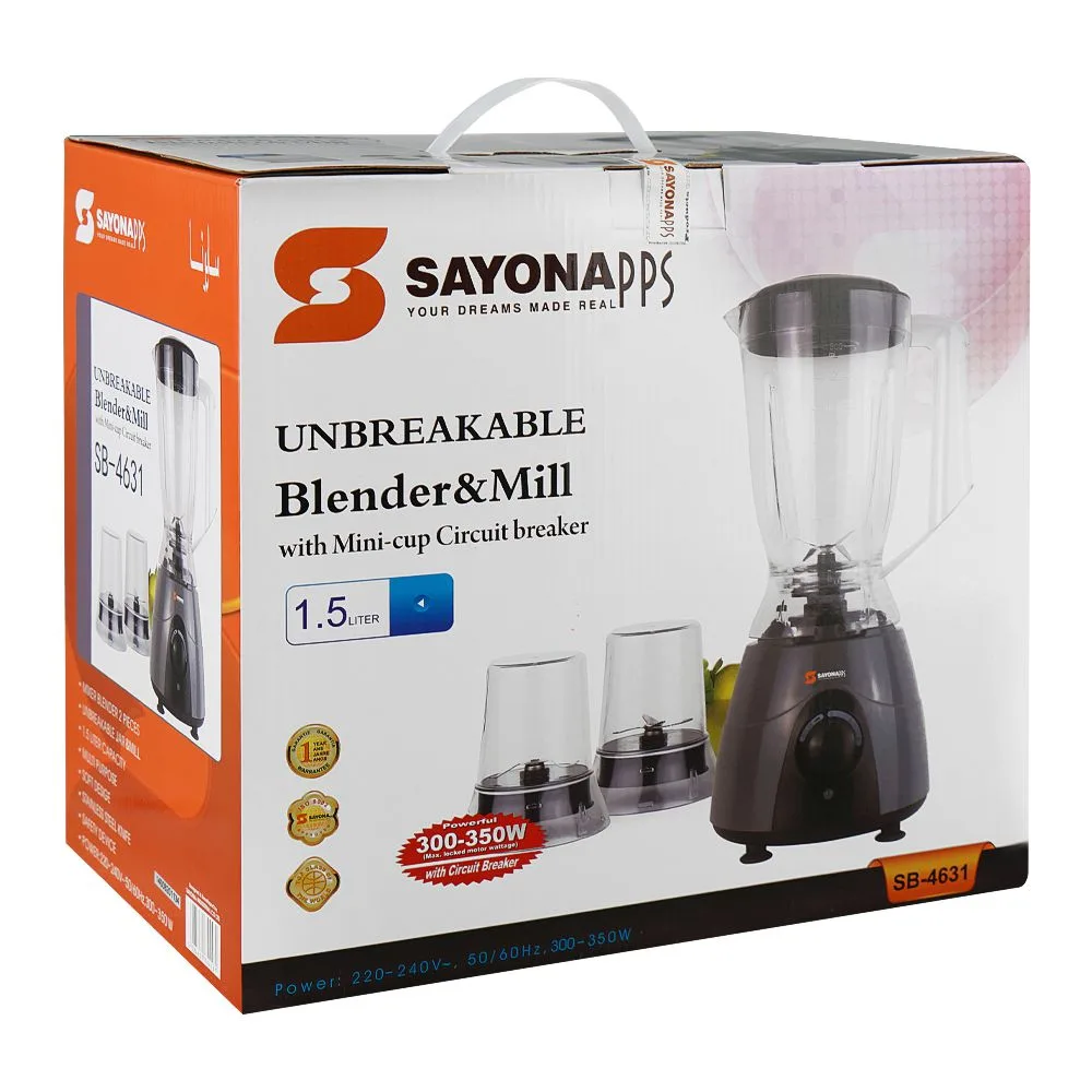 Side view of sayona unbreakable blender & mill with mini cup circuit breaker, 300-350w, 220-240v, sb-4631