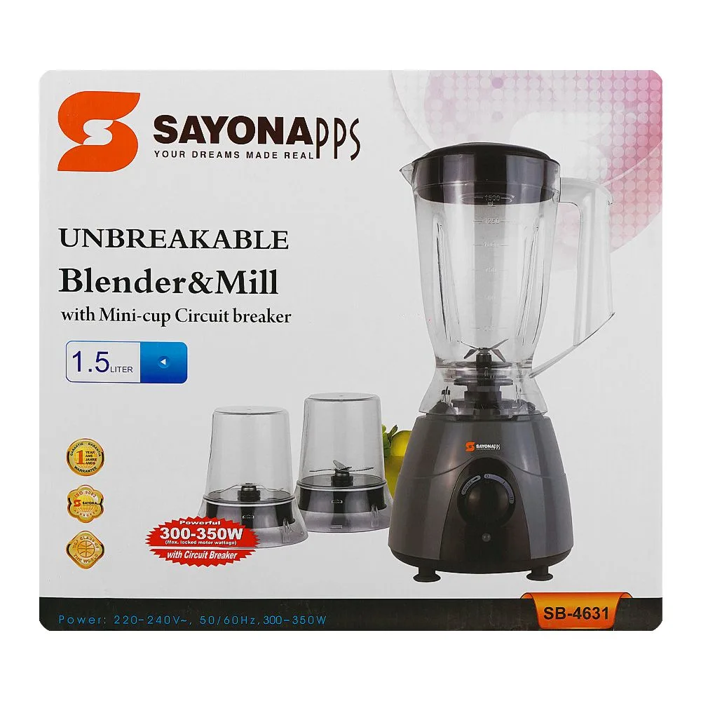Comfortable casual sayona unbreakable blender & mill with mini cup circuit breaker, 300-350w, 220-240v, sb-4631