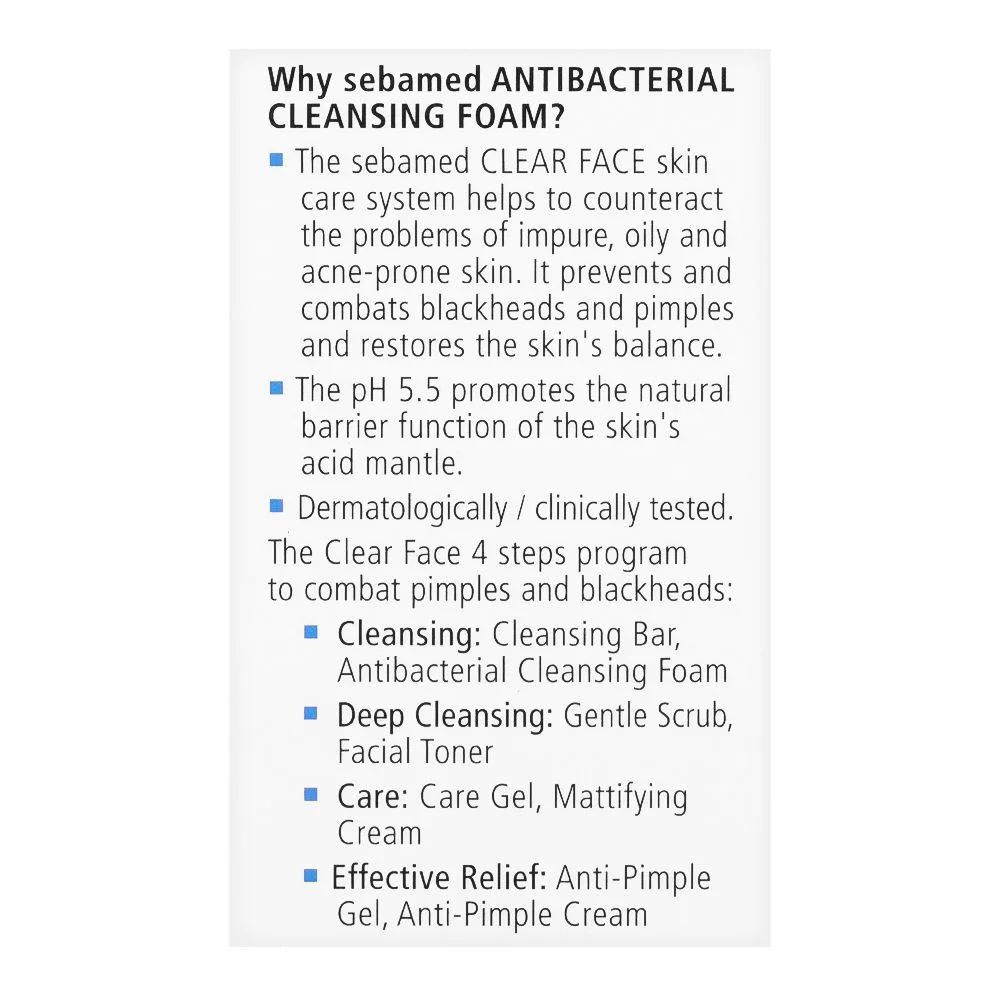 Side view of seba med anti-bacterial cleansing foam for impure & acne-prone skin, science for healthy skin, 150ml