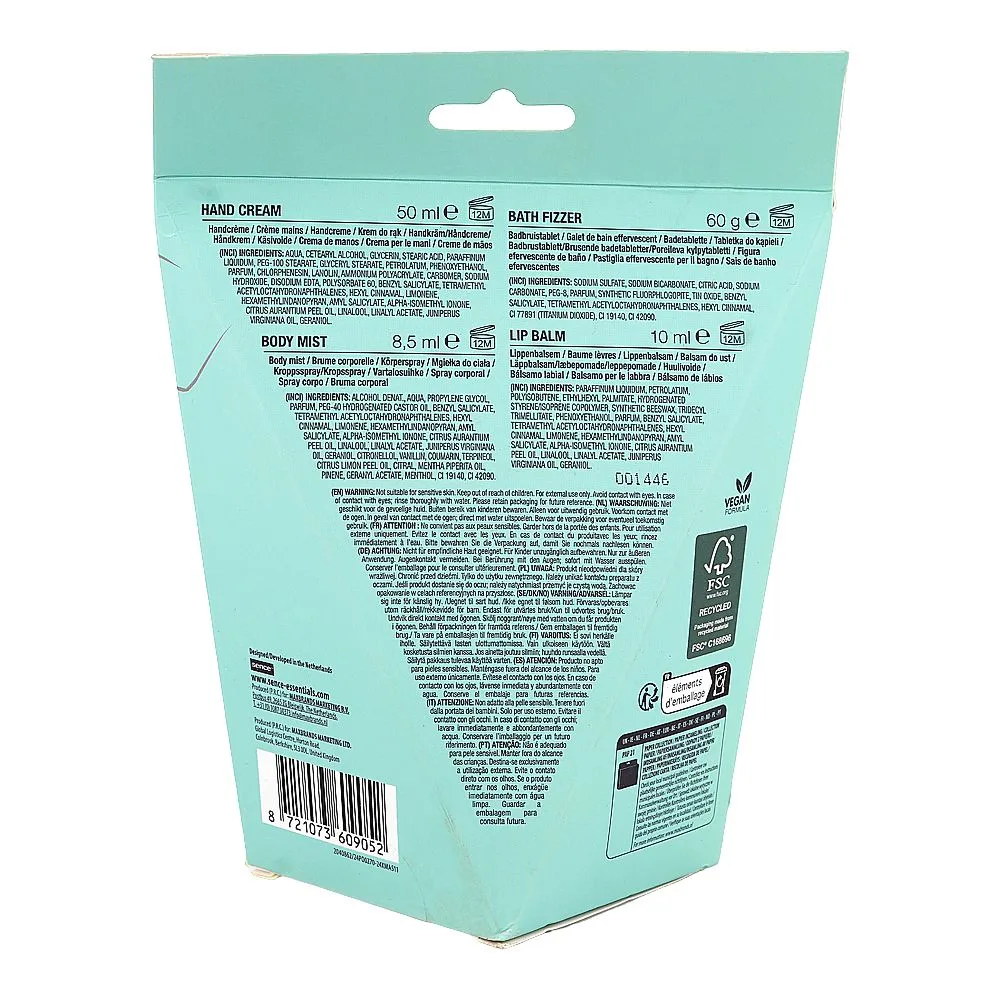 Side view of sence magic mint self care kit, body mist 8.5ml + lip balm 10ml + bath fizzer 60g + hand cream 50ml