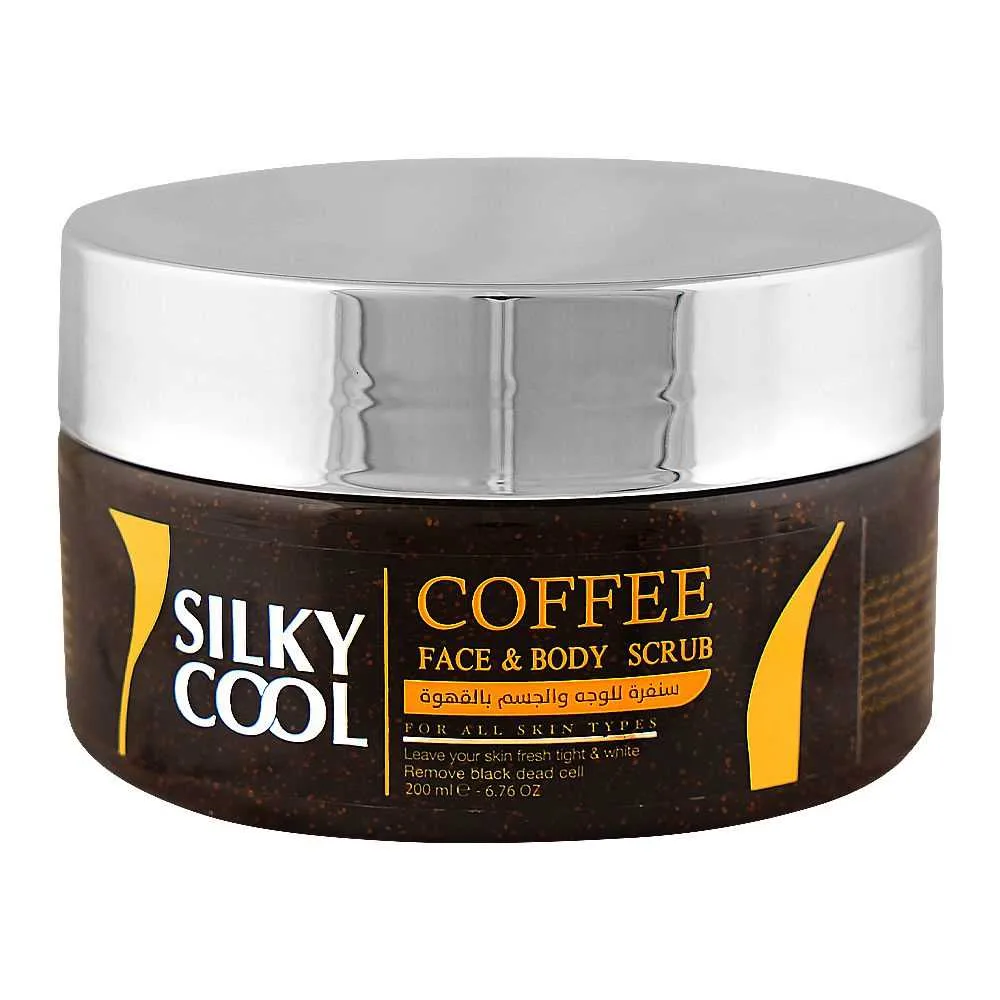 Side view of silky cool coffee face & body scrub, for all skin types, 200ml
