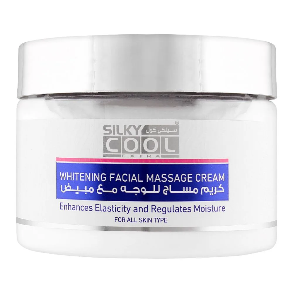 Side view of silky cool extra whitening facial massage cream, all skin types, 350ml