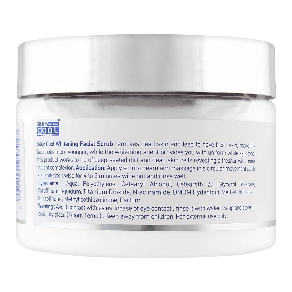 Side view of silky cool extra whitening facial scrub, all skin types, 350ml