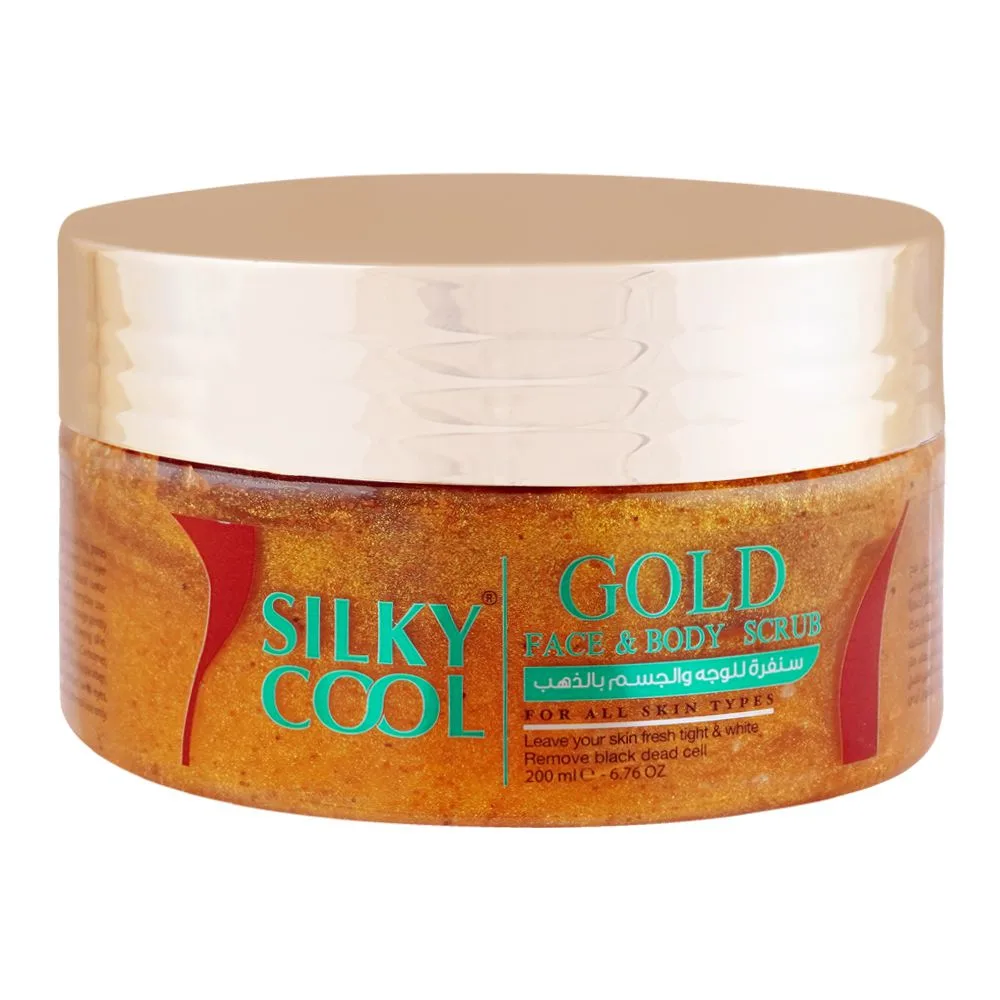 Side view of silky cool gold face & body scrub, for all skin types, 200ml