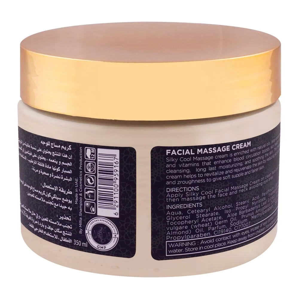 Side view of silky cool gold facial massage cream, all skin types, 350ml