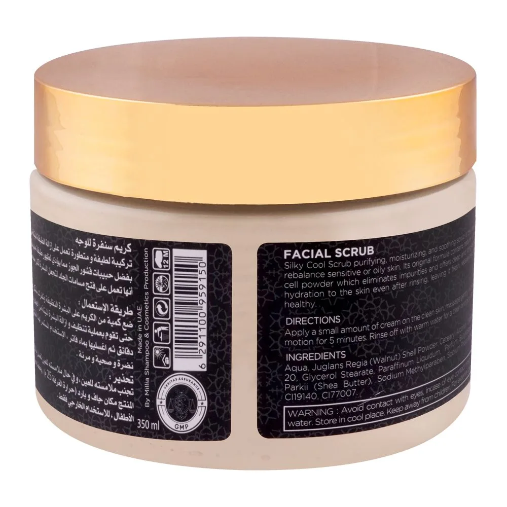 Side view of silky cool gold facial scrub, all skin types, 350ml