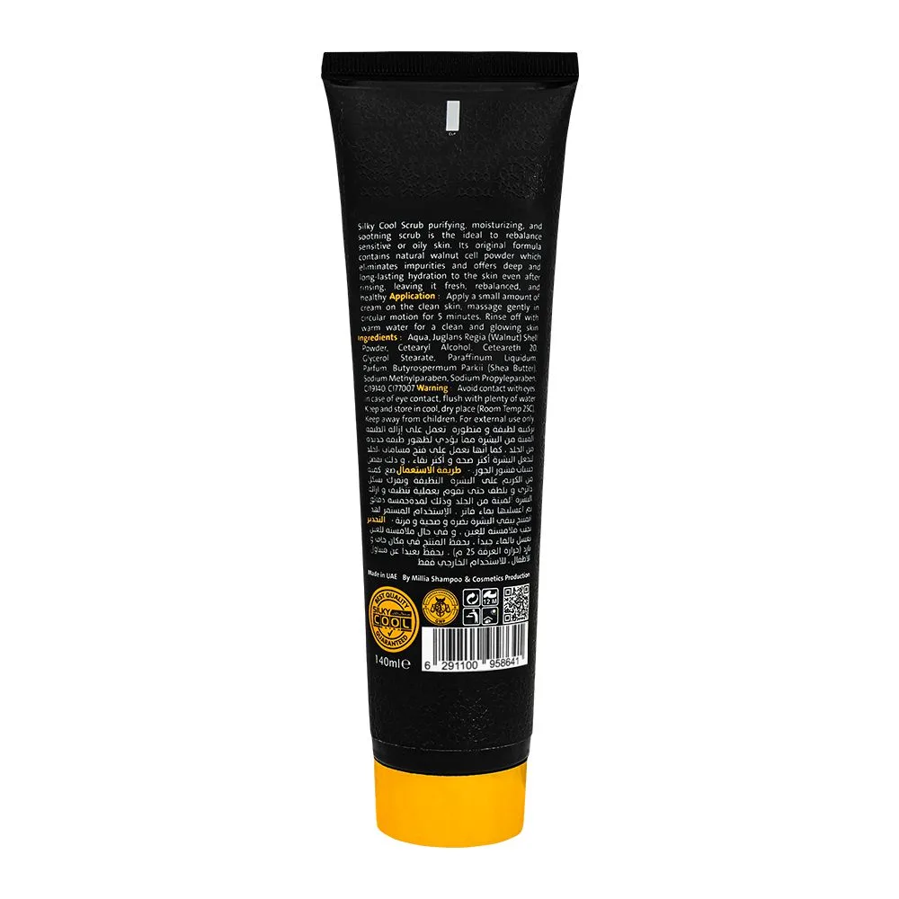 Side view of silky cool gold facial scrub, for all skin types, 140ml