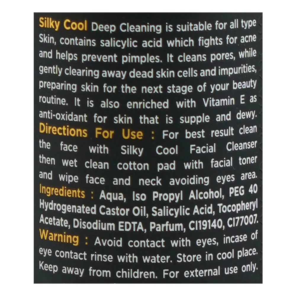 Side view of silky cool gold facial toner with salicylic acid, for pores & acne, 120ml
