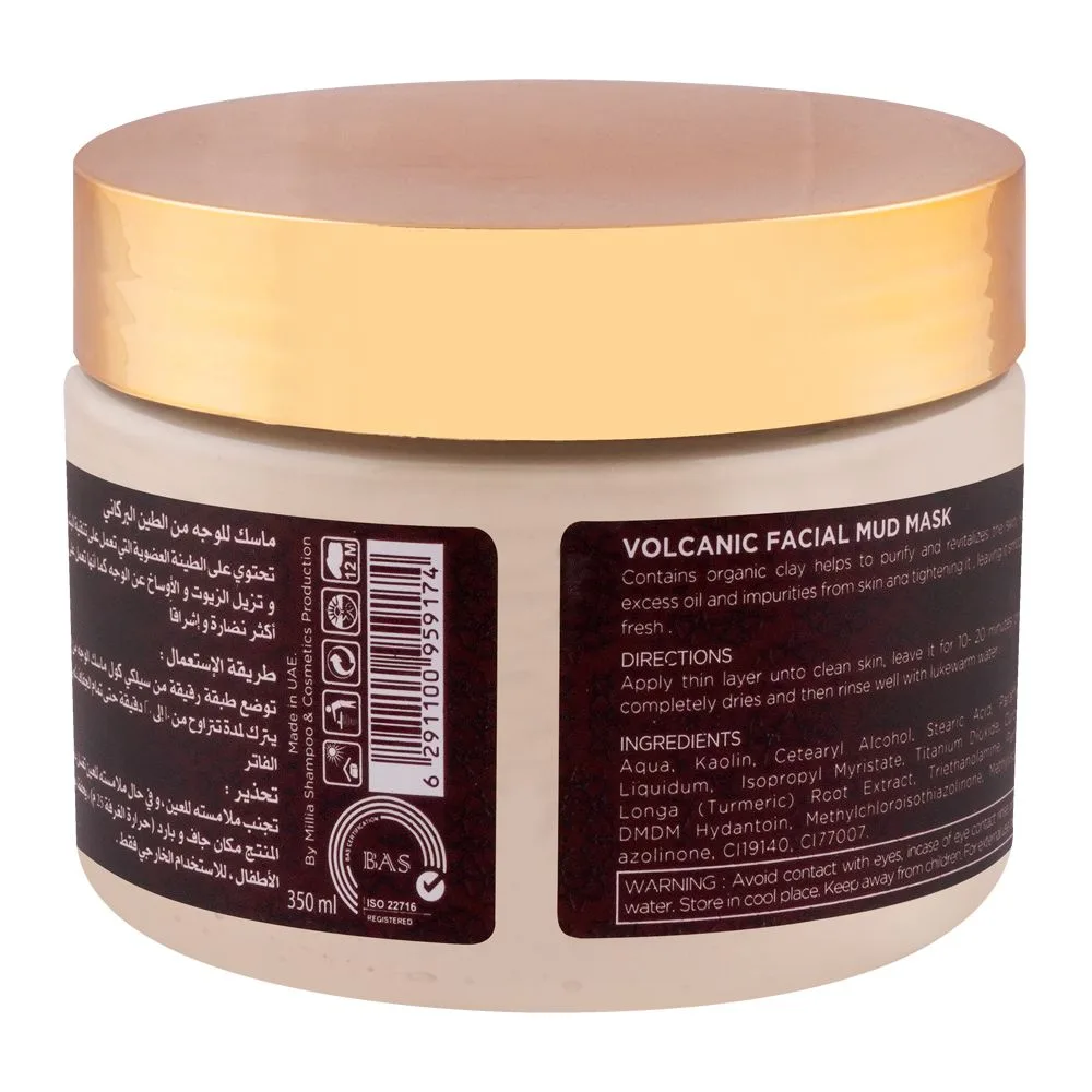 Side view of silky cool gold volcanic facial mud mask, all skin types, 350ml