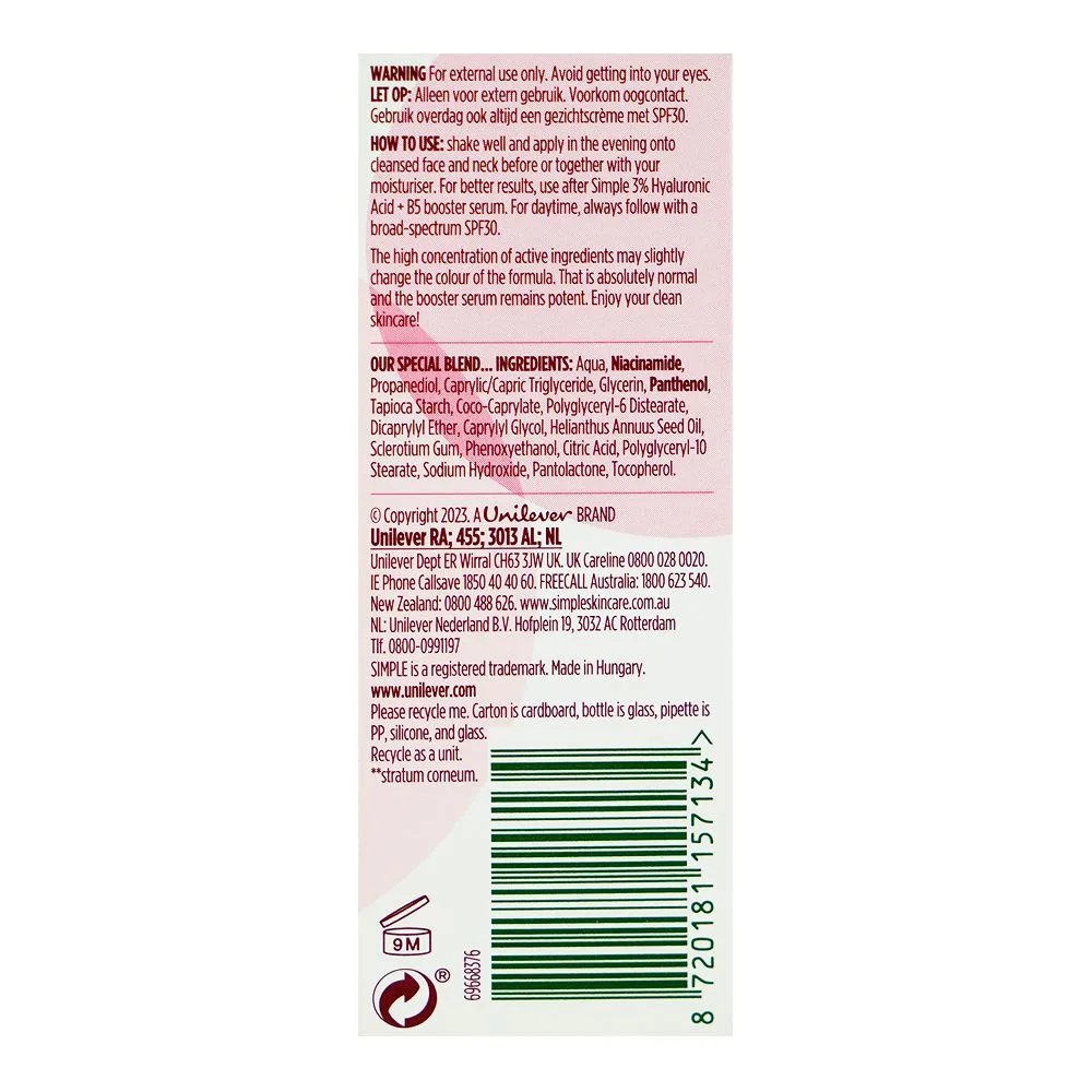 Side view of simple 10% vitamin b3 niacinamide booster serum, for all skin types, 30ml