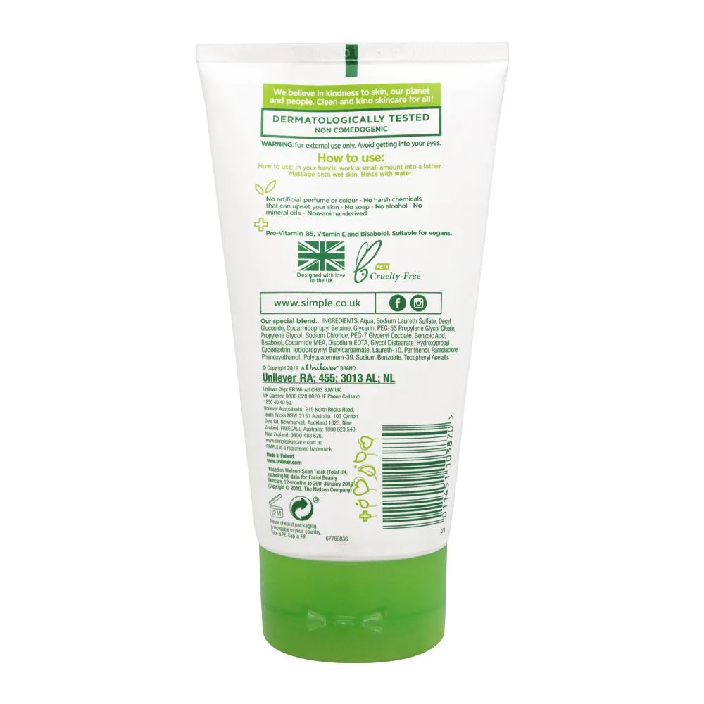 Side view of simple kind of skin moisturising facial wash, for sensitive skin, 150ml