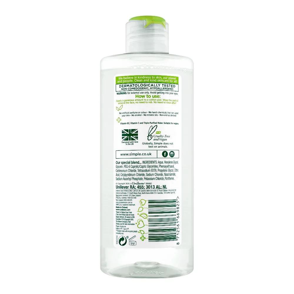 Side view of simple kind to skin micellar cleansing water, alcohol + paraben free, 200ml