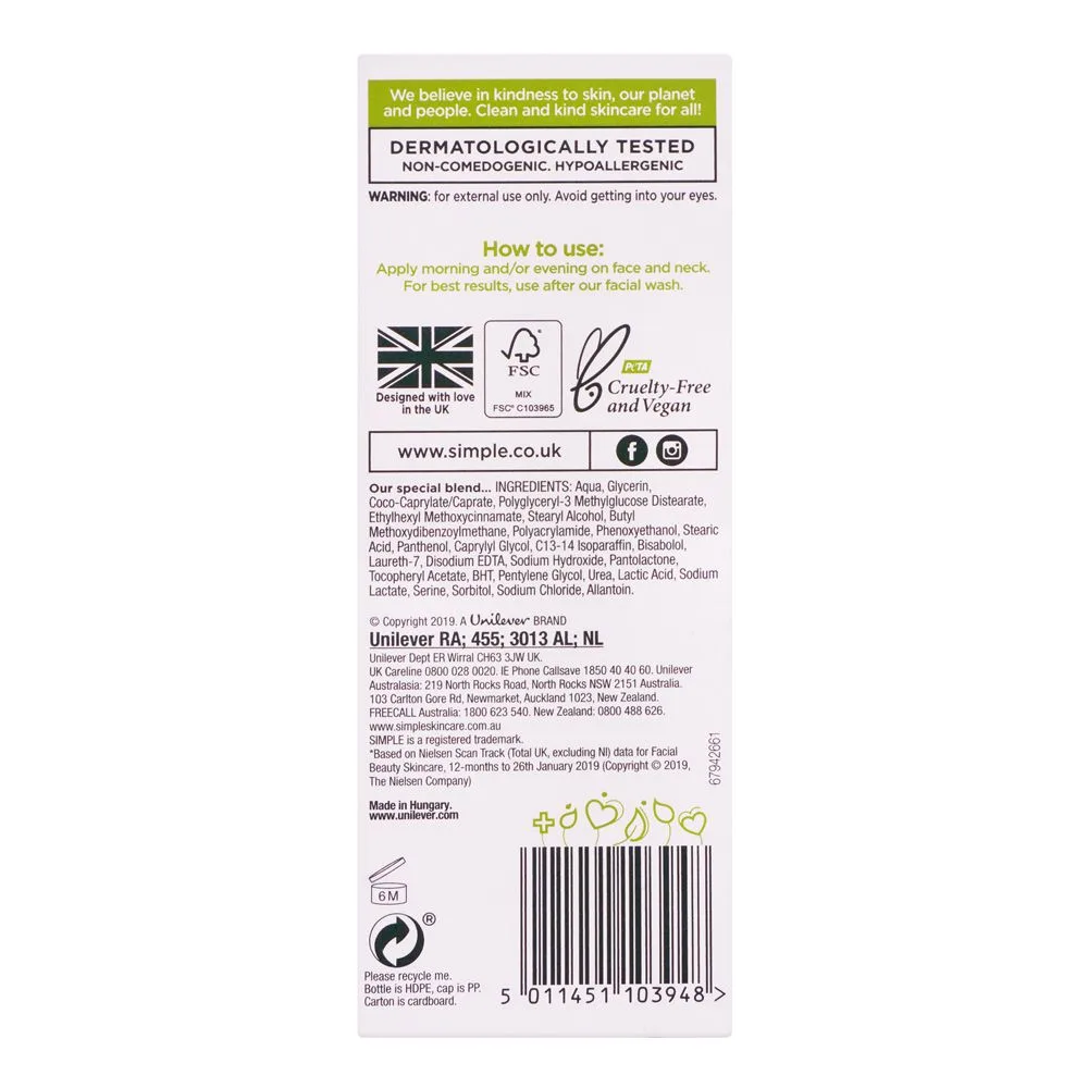 Side view of simple kind to skin replenishing rich moisturiser, 125ml