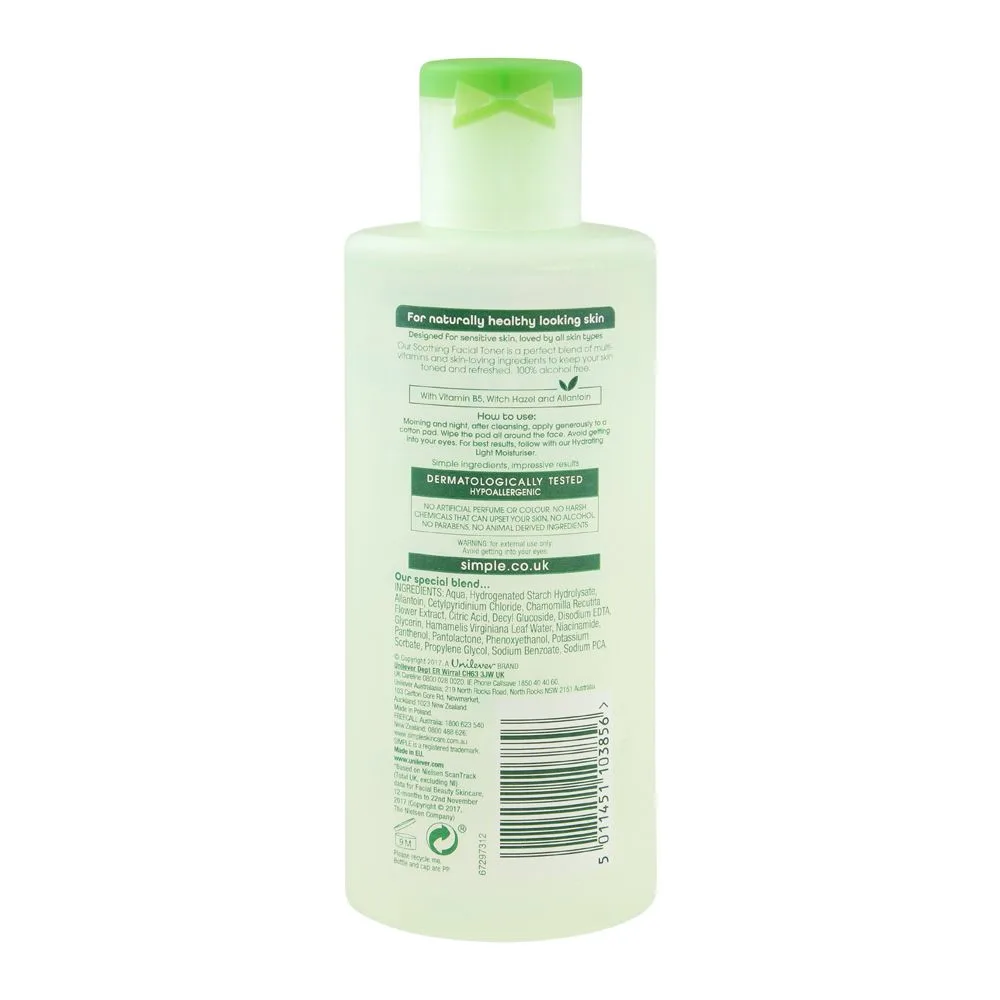 Side view of simple kind to skin soothing facial toner, alcohol + paraben free, 200ml