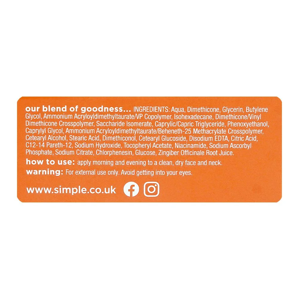 Close-up design of simple protect' n' glow antioxidant vitamin c+e+ginger root brightening gel cream, 50ml