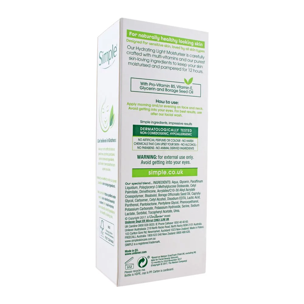 Side view of simple sensitive skin experts hydrating light moisturiser, light, alcohol & paraben free, 125ml