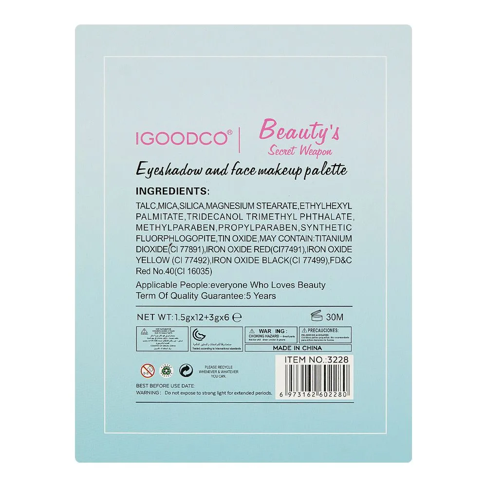 SJ IGOODCO Beauty's Secret Weapon Eyeshadow & Face Makeup Palette, NO.3228 18-Pack shades and color detail