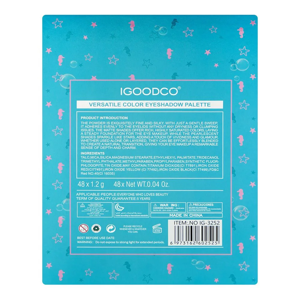 SJ IGOODCO Cute Mermaid Versatile Color Eyeshadow Palette, IG-3252 48-Pack shades and color detail