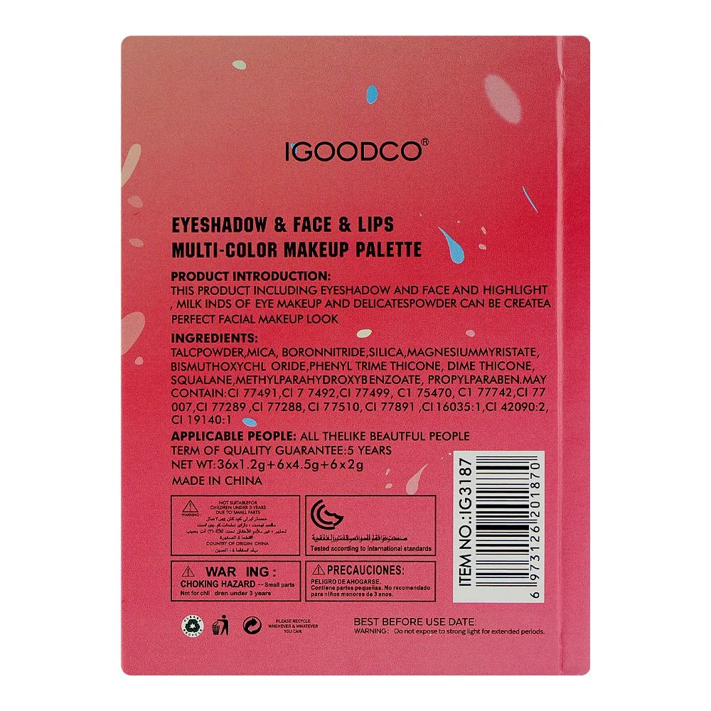 SJ IGOODCO Eyeshadow & Face & Lips Multi-Color Makeup Palette, IG-3187 48-Pack shades and color detail