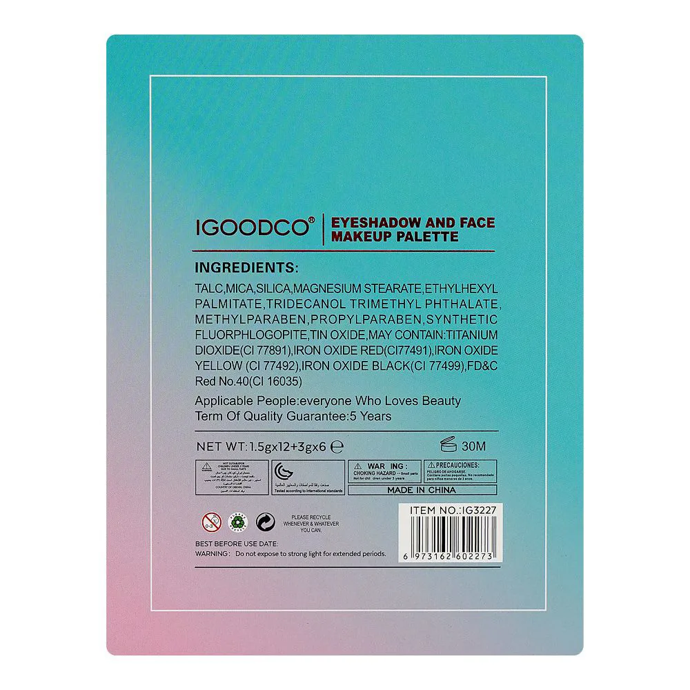 SJ IGOODCO Eyeshadow & Face Makeup Palette Set, IG-3227 18-Pack shades and color detail