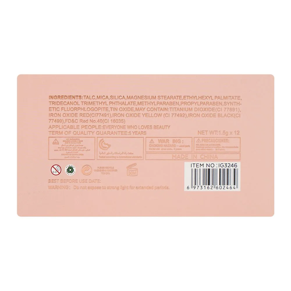SJ IGOODCO Makeup Artist Eyeshadow & Face Makeup Palette, IG-3246 12-Pack shades and color detail