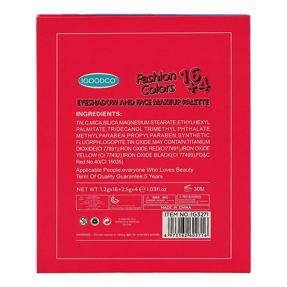 SJ IGOODCO Princ Fashion Colors Eyeshadow & Face Makeup Palette, IG-3271 20-Pack shades and color detail