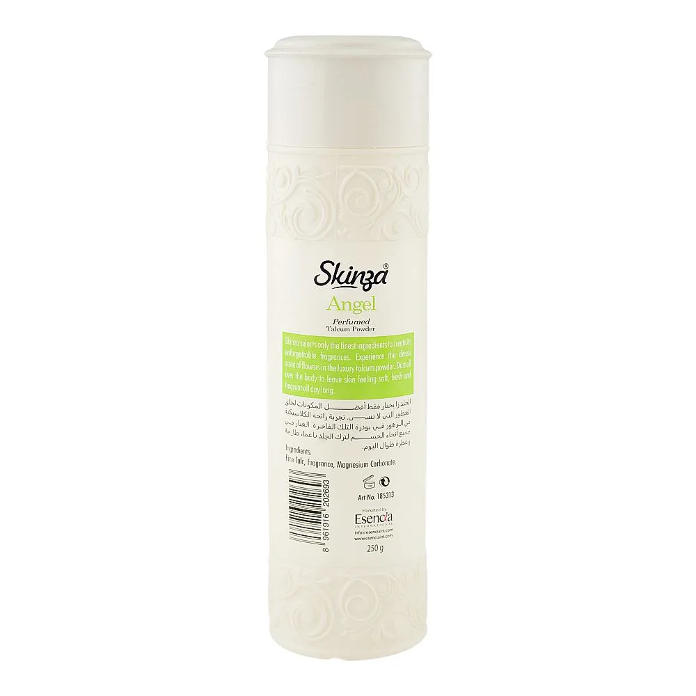 Side view of skinza angel perfumed talcum powder, 250g