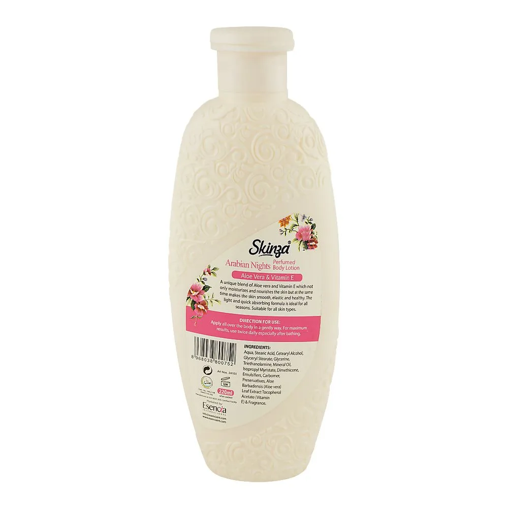 Side view of skinza arabian nights perfumed body lotion, aloe vera & vitamin e, 220ml