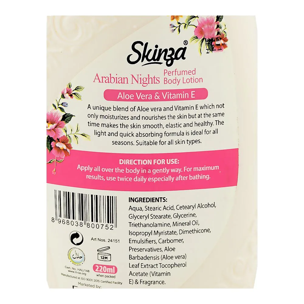 Comfortable casual skinza arabian nights perfumed body lotion, aloe vera & vitamin e, 220ml