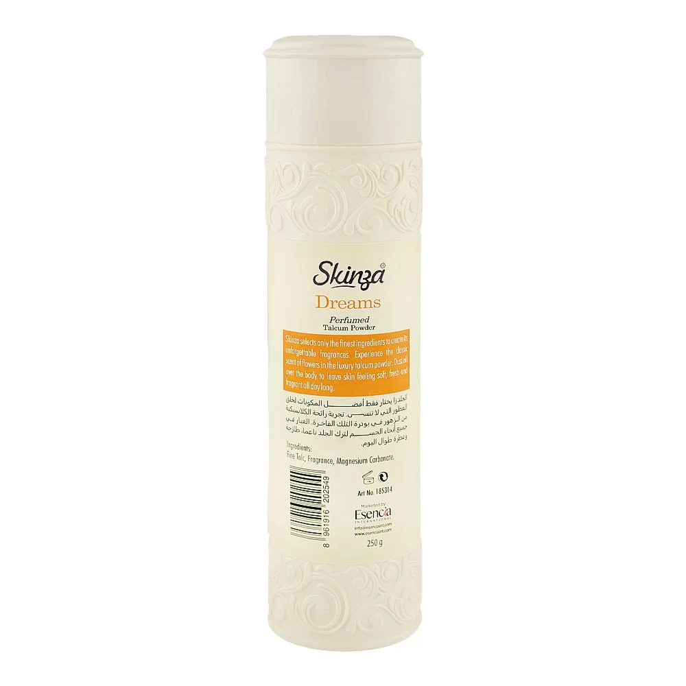 Side view of skinza dreams perfumed talcum powder, 250g