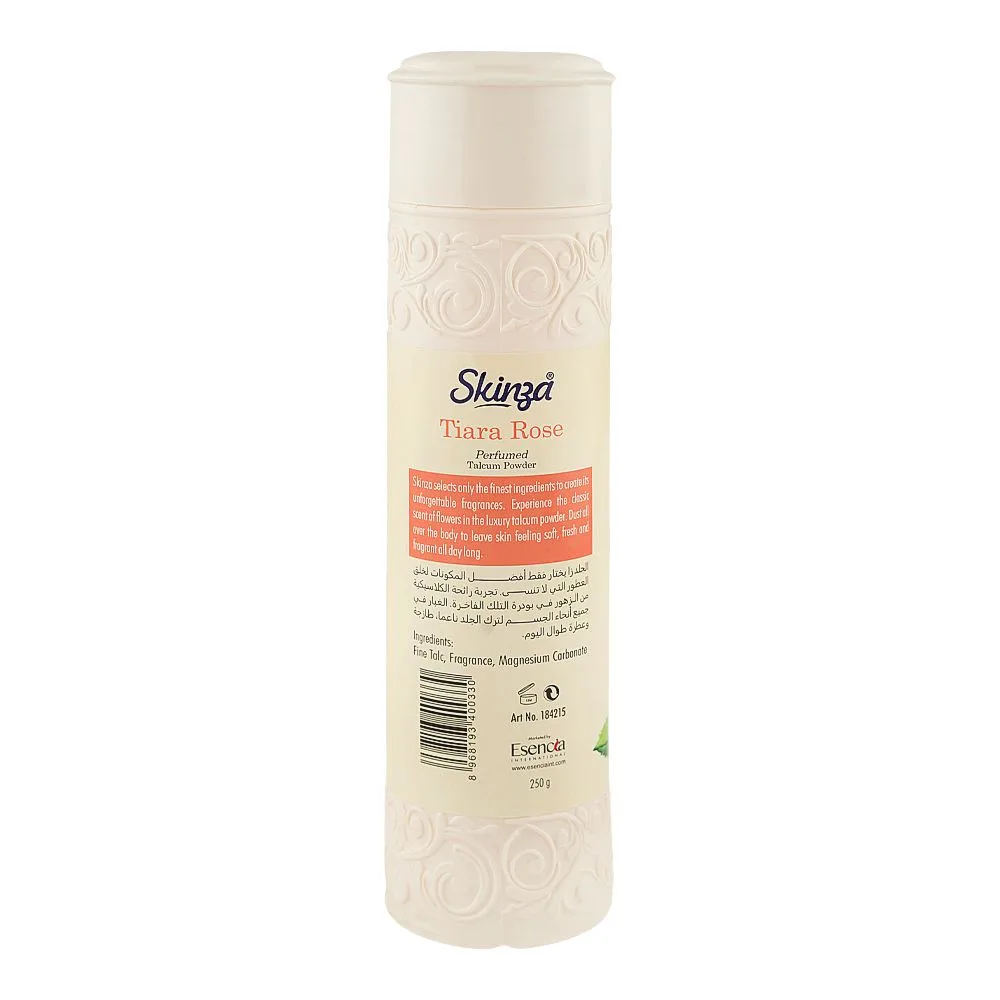 Side view of skinza tiara rose perfumed talcum powder, 250g