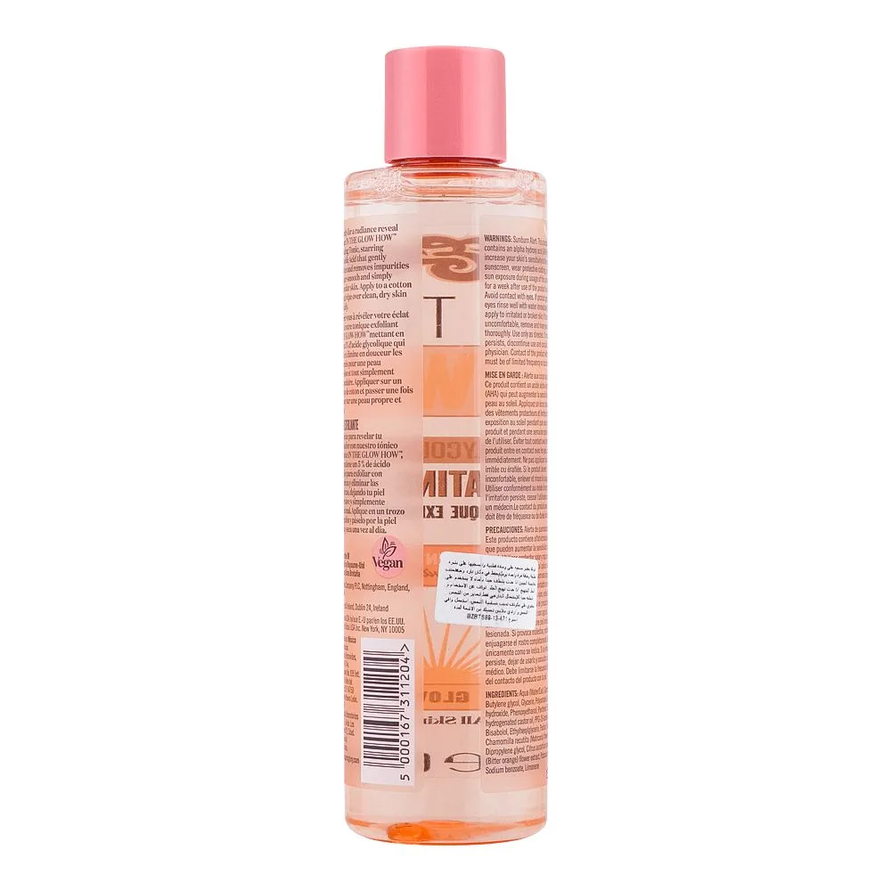 Side view of soap & glory in the glow how 5% glycolic acid exfoliating tonic, for all skin types, 200ml
