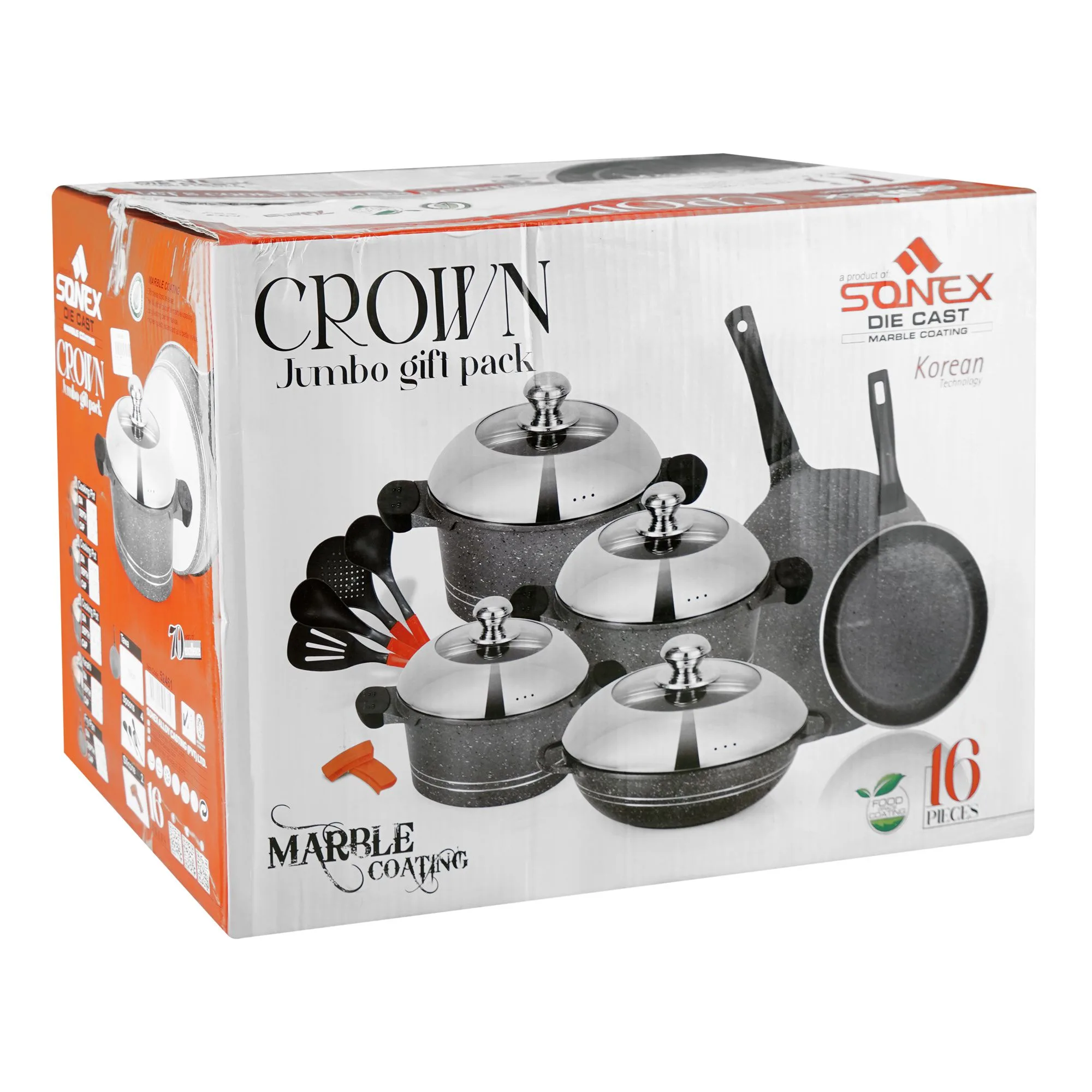 Side view of sonex die cast crown jumbo gift pack cookware set, 52461, 16-pack
