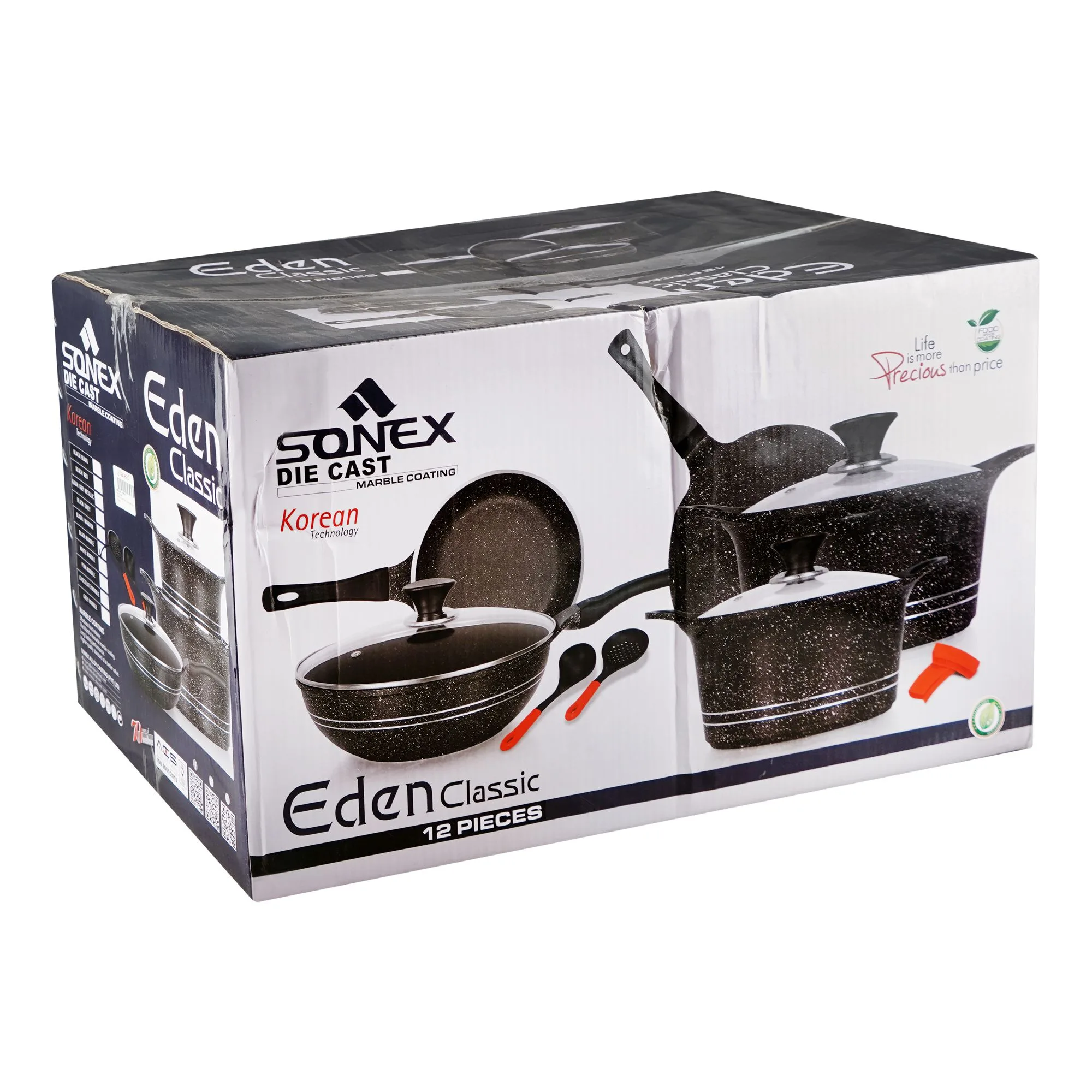 Side view of sonex die cast eden classic cookware set, 52462, 12-pack