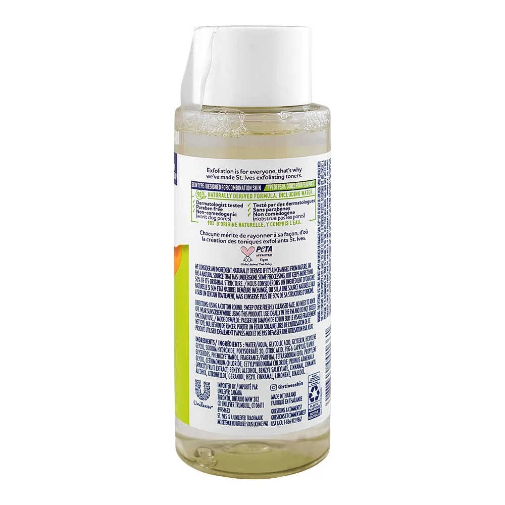 Side view of st.ives apricot aha exfoliating toner, vegan, paraben free, 197.5ml