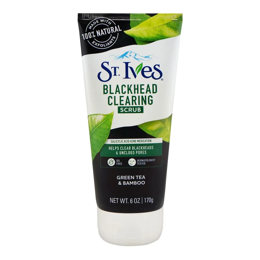 St. Ives Blachhead Clearing Green Tea & Bamboo Scrub Tube, Paraben & Oil Free, Salicylic Acid, For Acne-Prone Skin, 170g